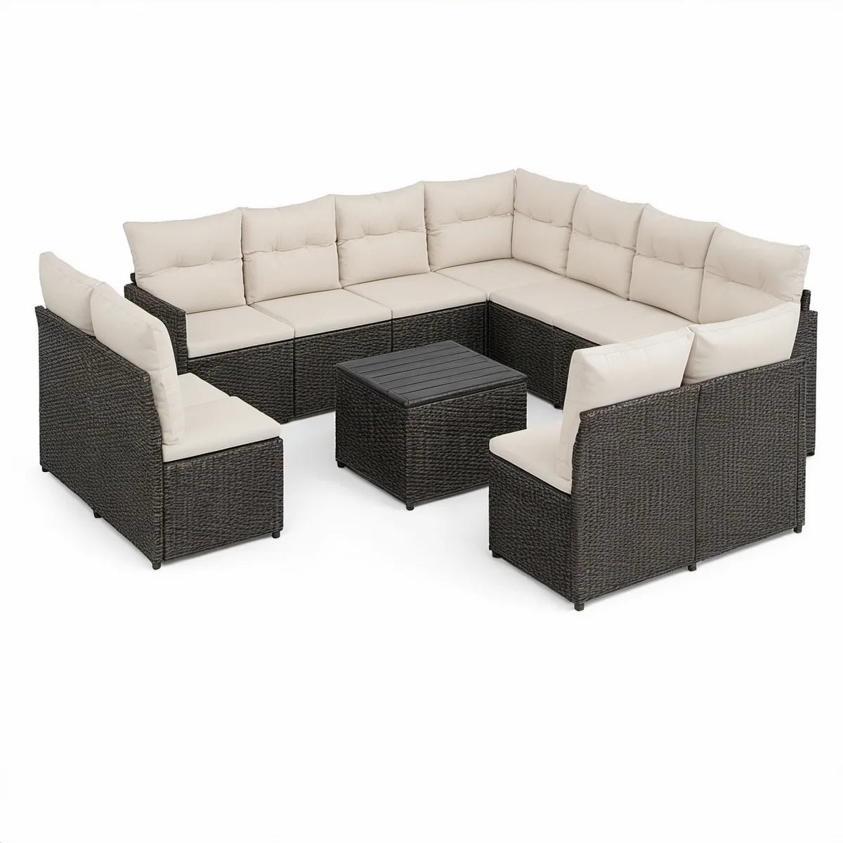 Haveloungesæt med hjørnesofa 210 x 210 cm i sort PE-rattan og creme