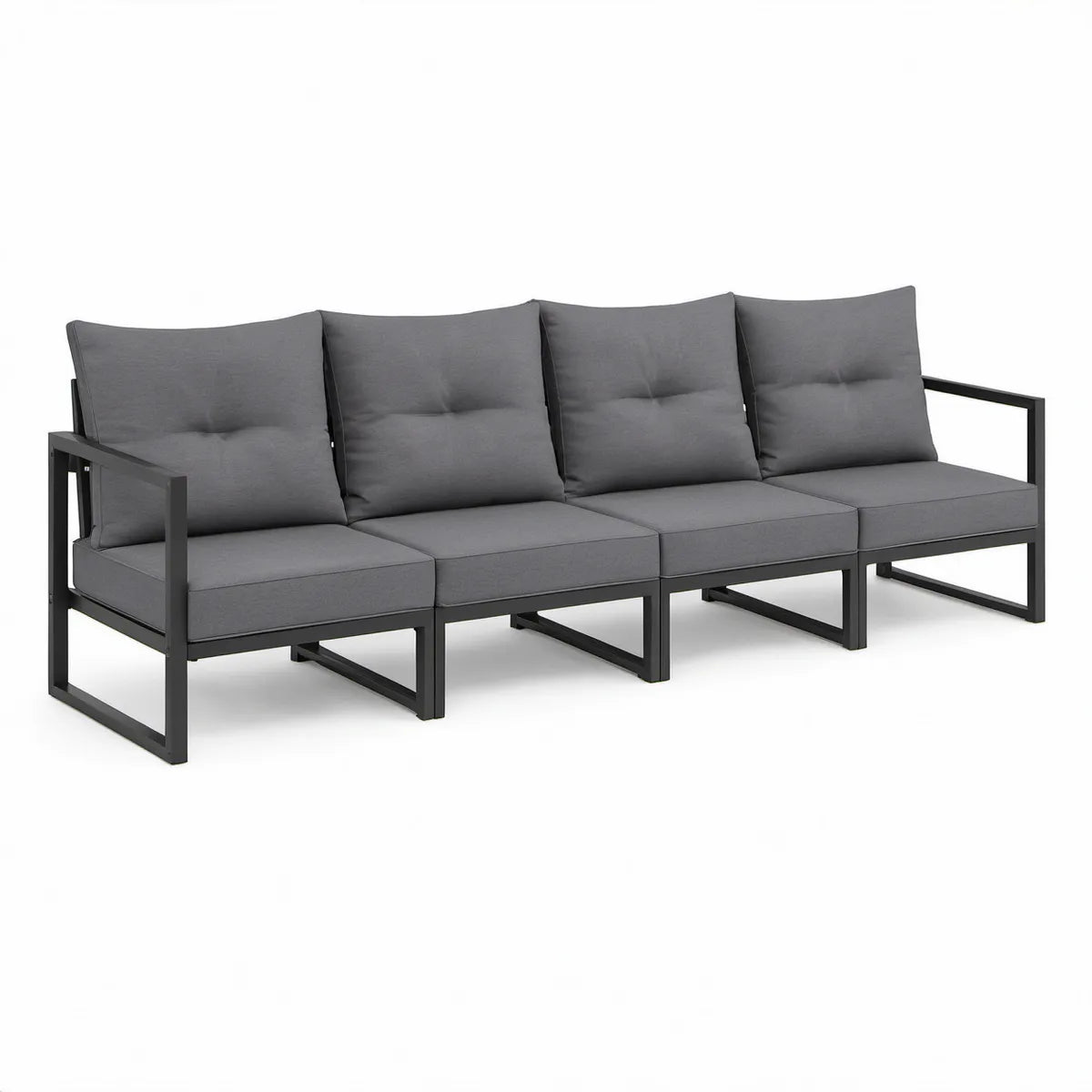 4-personers havesofa med sort stålstel og mørkegrå hynder, 280 x 70 x 63 cm