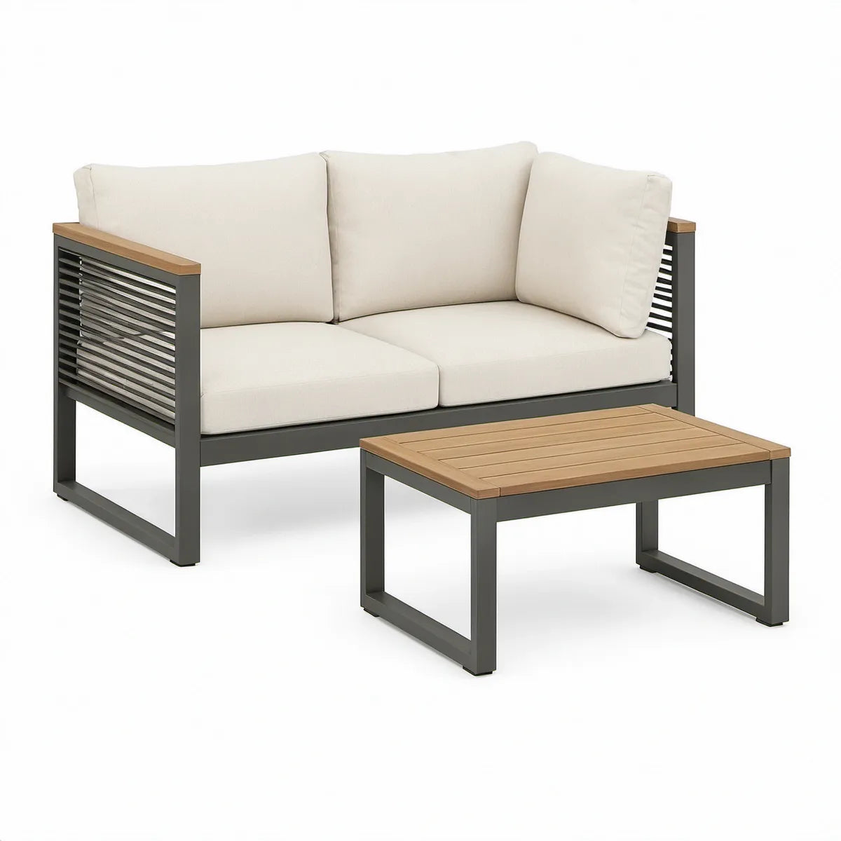 Havesæt med 2-personers sofa og sofabord, sofa 128 x 75 x 72 cm, bord 100 x 60 x 45 cm, beige, antracitgrå og naturfarvet akacietræ