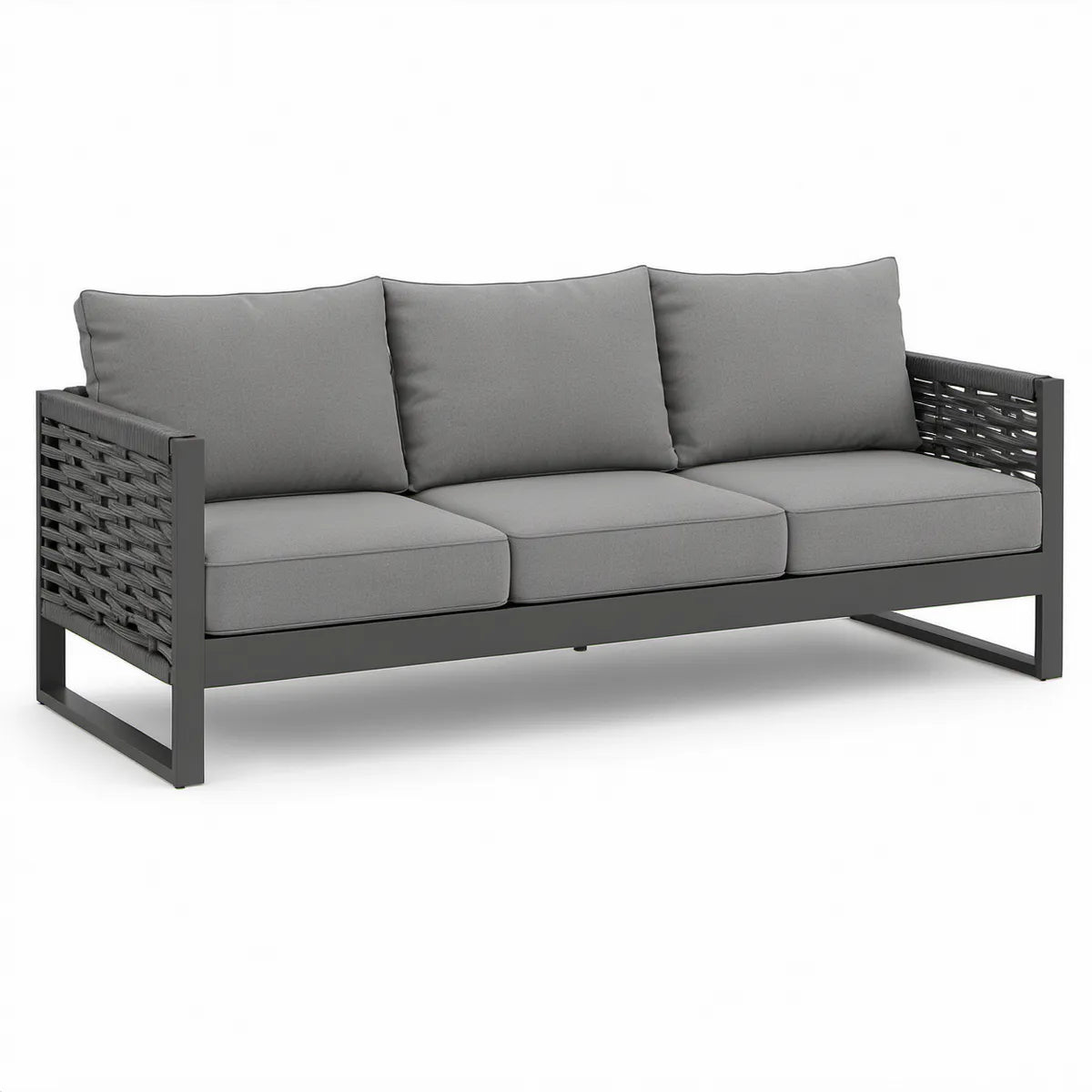 3-personers havesofa 210 x 76 x 70 cm i pulverlakeret stål og PE-rattan med hynder – Antracitgrå/Grå