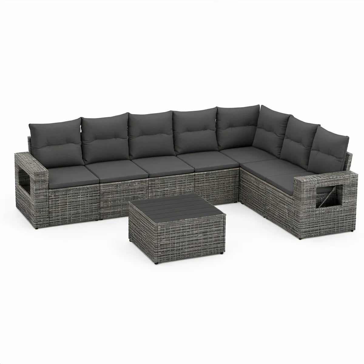 L-formet loungesæt i polyrattan med sofabord, grå/antracit, 280 x 210 x 68 cm