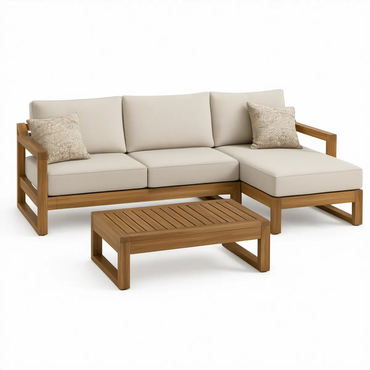 L-formet hjørnehavesofa med sofabord i massivt akacietræ, naturbrun/beige, 198 x 145 x 70 cm