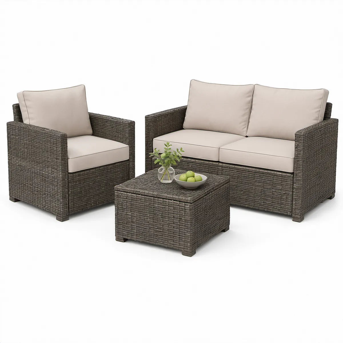 Havemøbelsæt i grå PE-rattan med beige hynder – 2-personers sofa 130 x 75 x 80 cm, lænestol 75 x 75 x 80 cm og bord 90 x 50 x 45 cm