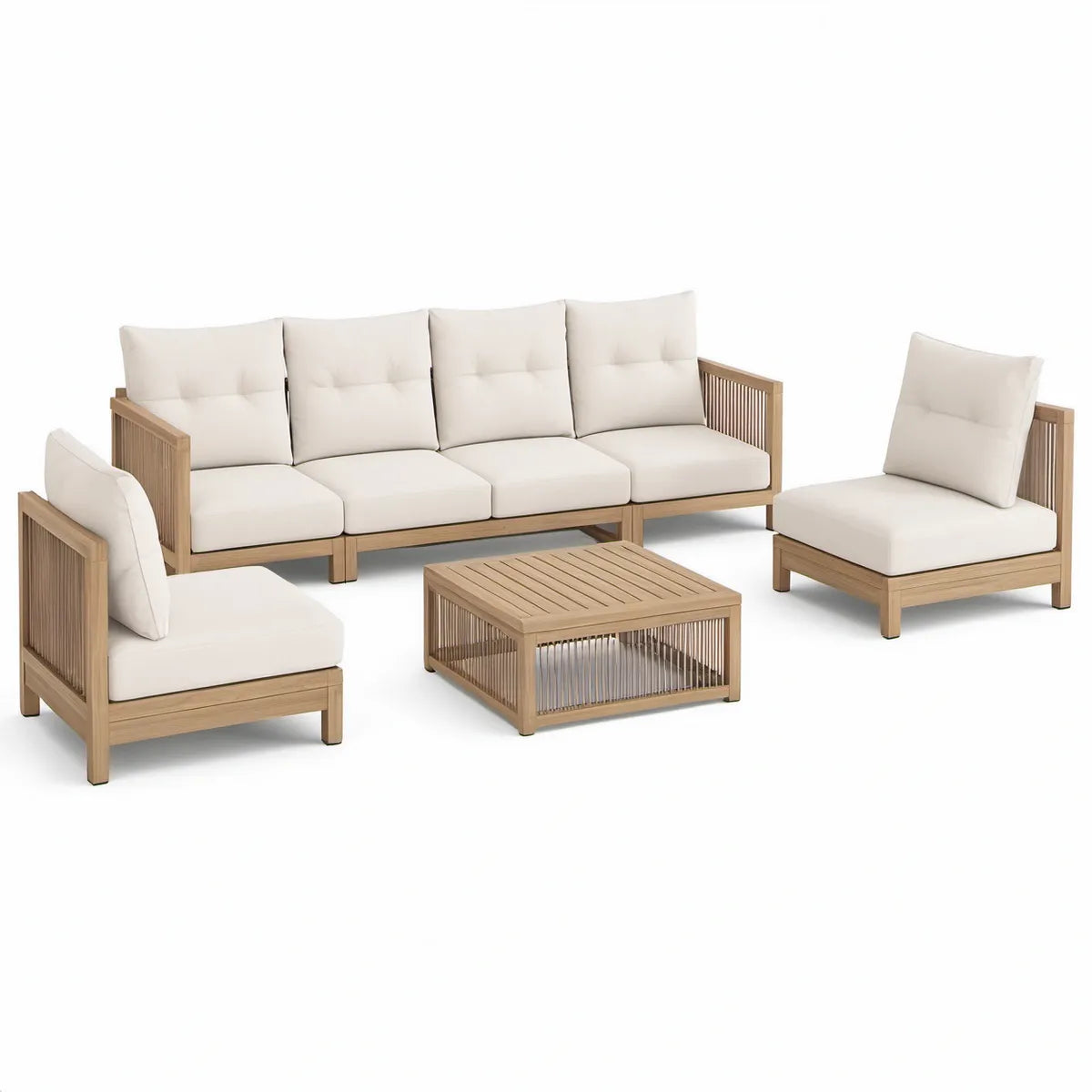 Loungesæt i naturfarvet akacietræ med hvide hynder, sofa 280 x 80 x 78 cm
