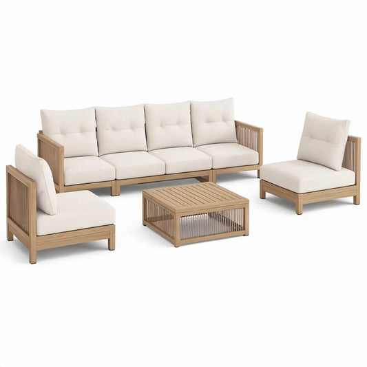 Loungesæt i naturfarvet akacietræ med hvide hynder, sofa 280 x 80 x 78 cm