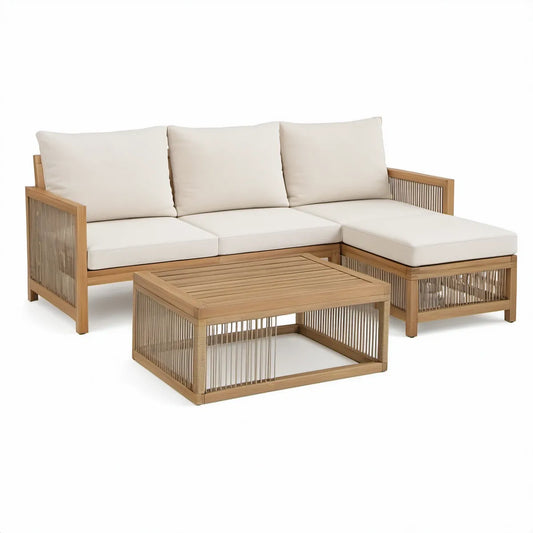 L-formet loungesæt med højrevendt chaiselong og sofabord, 225 x 150 cm, natur/creme