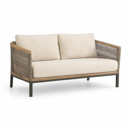 2-personers havesofa i aluminium og akacietræ med beige hynder, 140 x 80 x 78 cm