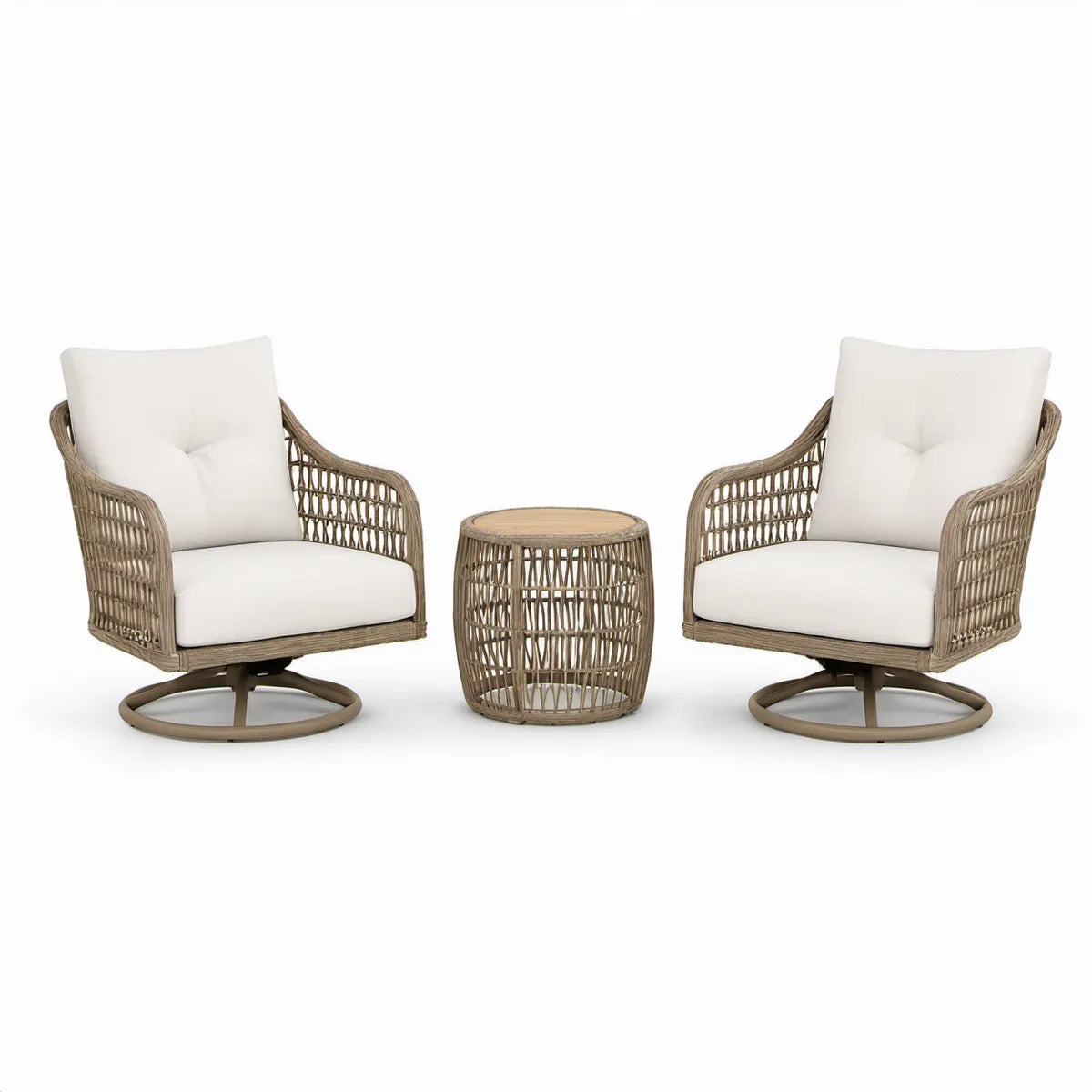 Loungesæt med 2 drejestole og rundt sidebord i beige PE-rattan og cremehvid, stole 78 x 75 x 89 cm