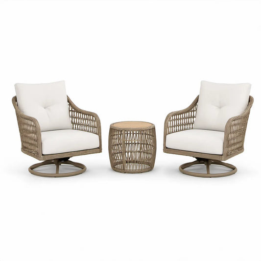Loungesæt med 2 drejestole og rundt sidebord i beige PE-rattan og cremehvid, stole 78 x 75 x 89 cm