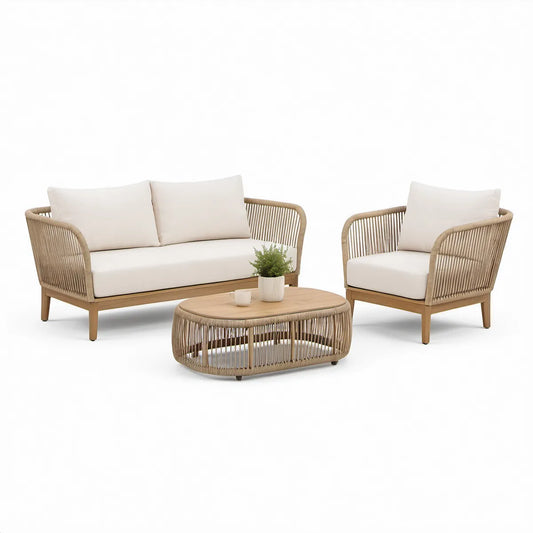 Haveloungesæt i akacietræ og PP-reb, natur/hvid, sofa 140 x 75 x 75 cm