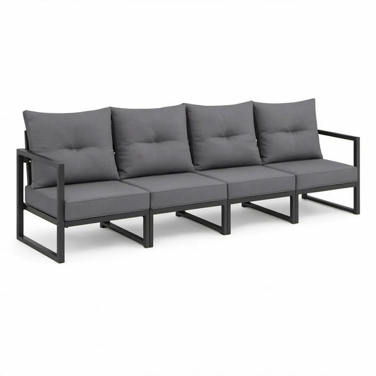 4-personers havesofa med sort stålstel og mørkegrå hynder, 280 x 70 x 63 cm