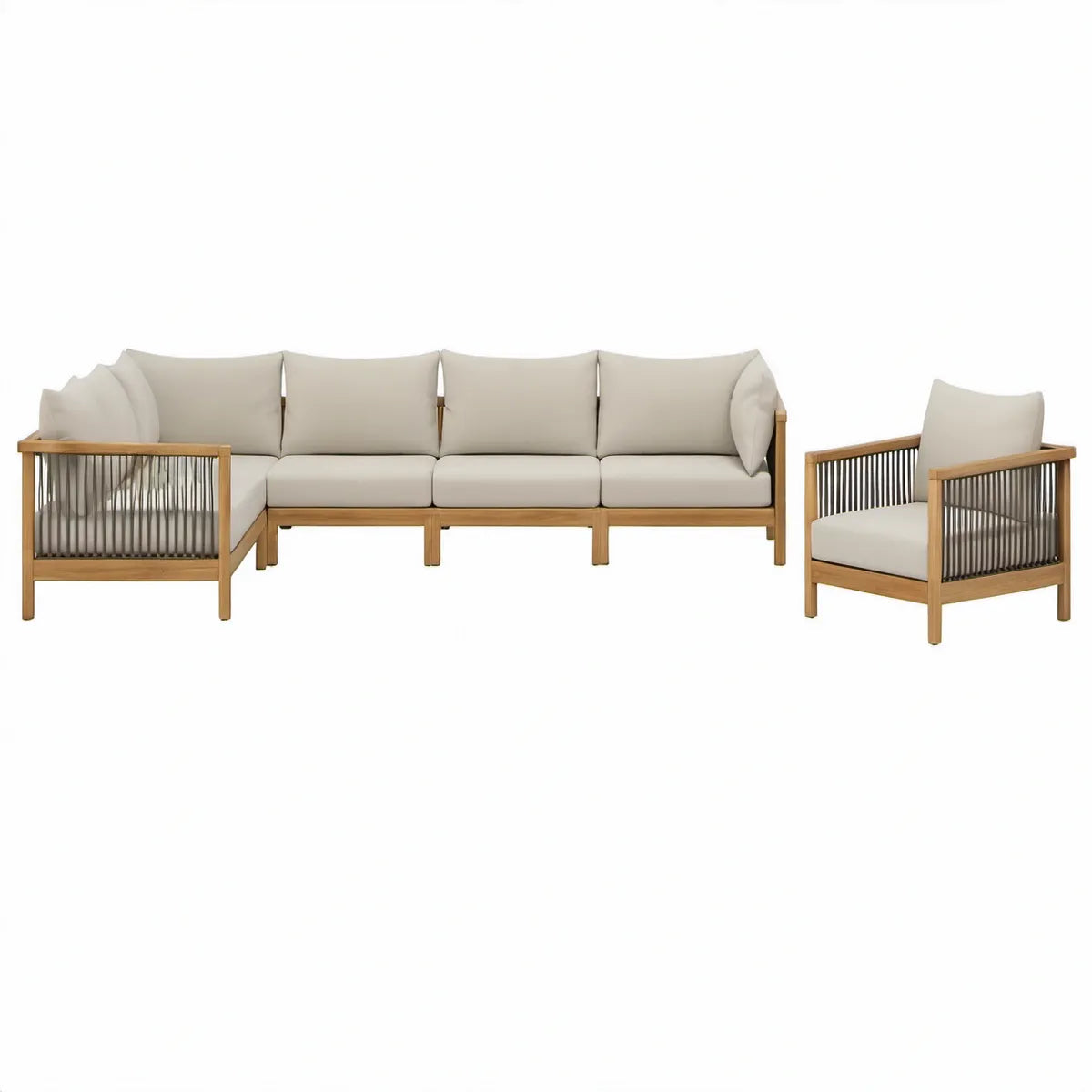 Modulopbygget haveloungesæt med hjørnesofa og lænestol, 280 x 160 x 75 cm, akacietræ, naturbrun/mørkegrå/beige
