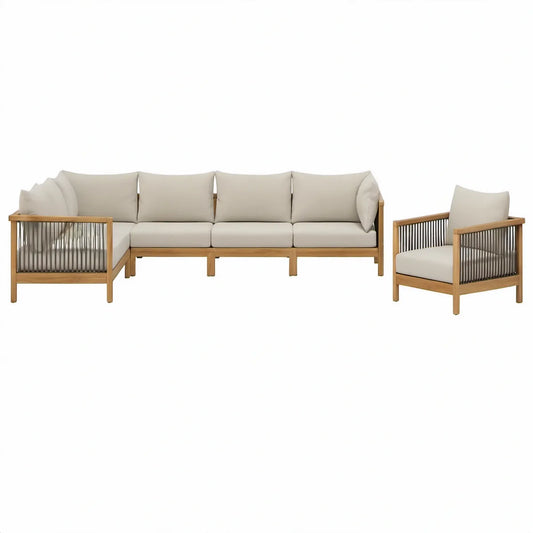 Modulopbygget haveloungesæt med hjørnesofa og lænestol, 280 x 160 x 75 cm, akacietræ, naturbrun/mørkegrå/beige