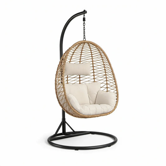 Oval hængestol med stativ 95 x 95 x 195 cm i Sort, Naturfarvet og Creme