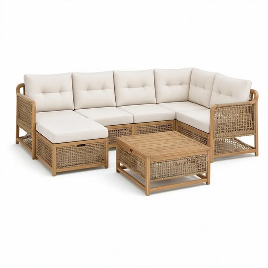 5-delt havesofasæt med hjørnesofa og sofabord i naturfarvet akacietræ og creme, 280 x 210 cm