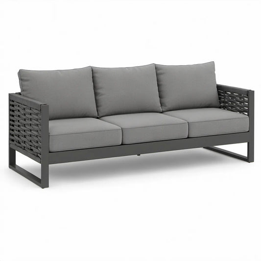 3-personers havesofa 210 x 76 x 70 cm i pulverlakeret stål og PE-rattan med hynder – Antracitgrå/Grå