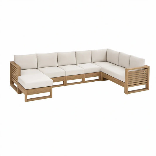 Modulopbygget havesofa med venstrevendt chaiselong i akacietræ og cremehvide hynder, 280 x 210 x 65 cm