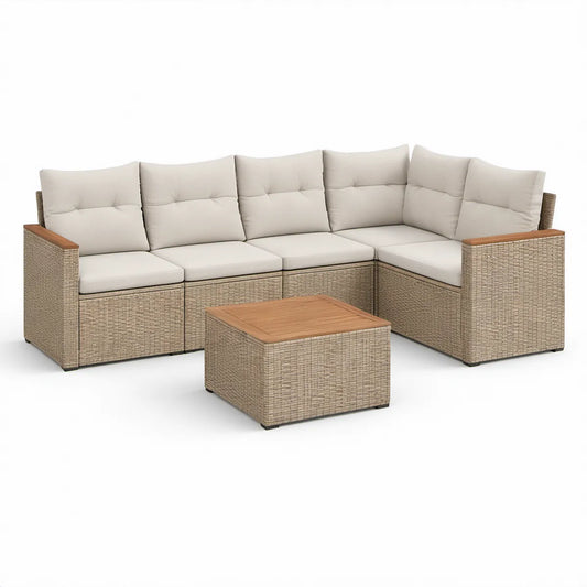 Hjørnesofa med sofabord i 5 dele, beige/naturbrun/cremehvid, 250 x 250 x 85 cm