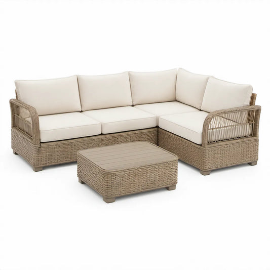 L-formet hjørnesofa med sofabord til haven, 5 personer, beige/creme, 250 x 250 x 82 cm